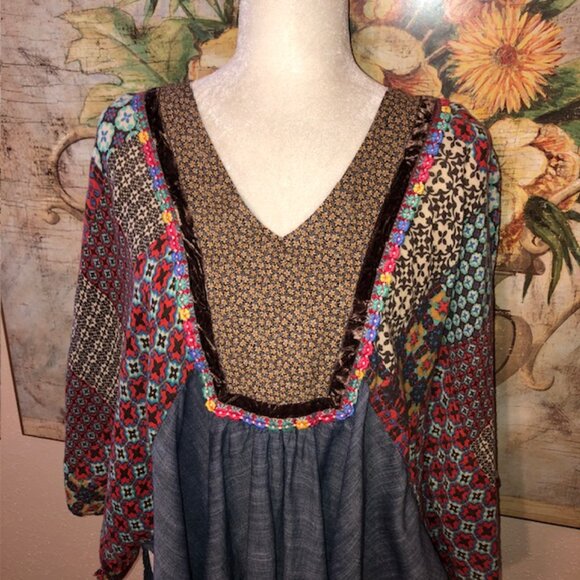 Sz S / M Ivy Jane Patchwork Print Chambray Boho Shirt - Picture 4 of 16